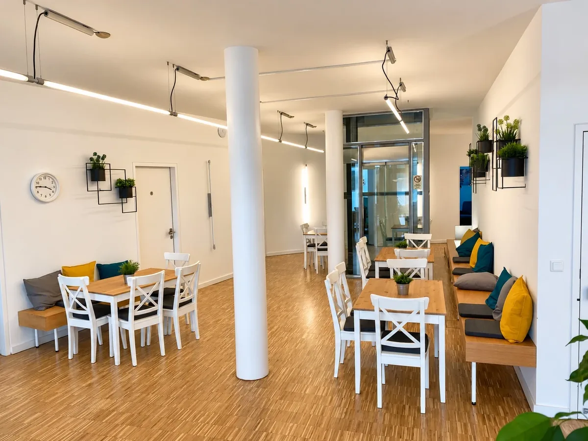 Gemeinsame Tische im hellen Bistro